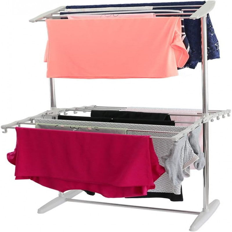 Double Layer Stainless Steel Clothes Rack, Multifunctional 2 Layer Foldable Cloth Dryer Stand Rack, Hanging Storage Wardrobe Double Layer Stainless Steel Clothes Rack, Multifunctional 2 Layer Foldable Cloth Dryer Stand Rack, Hanging Storage Wardrobe